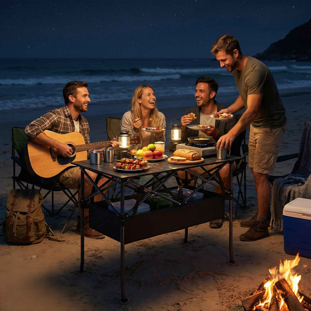 Outsunny Folding Camping Table with Metal Frame, Storage Net and Bag, 93x55x68 cm, Black