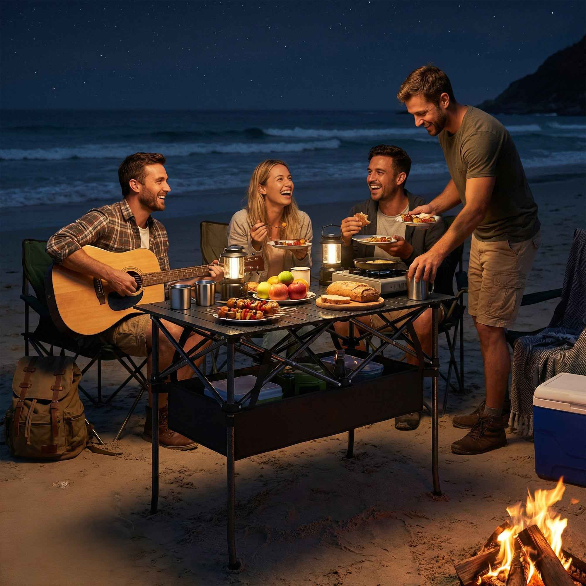 Outsunny Folding Camping Table with Metal Frame, Storage Net and Bag, 93x55x68 cm, Black