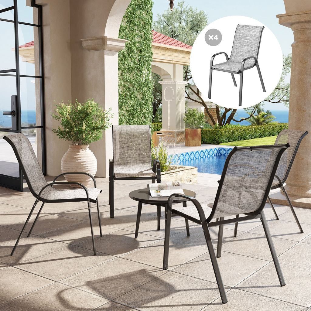 Outsunny Set of 4 Stackable Garden Chairs with Curved Armrests, in Steel and Breathable Fabric, 54x71x93 cm, Grey