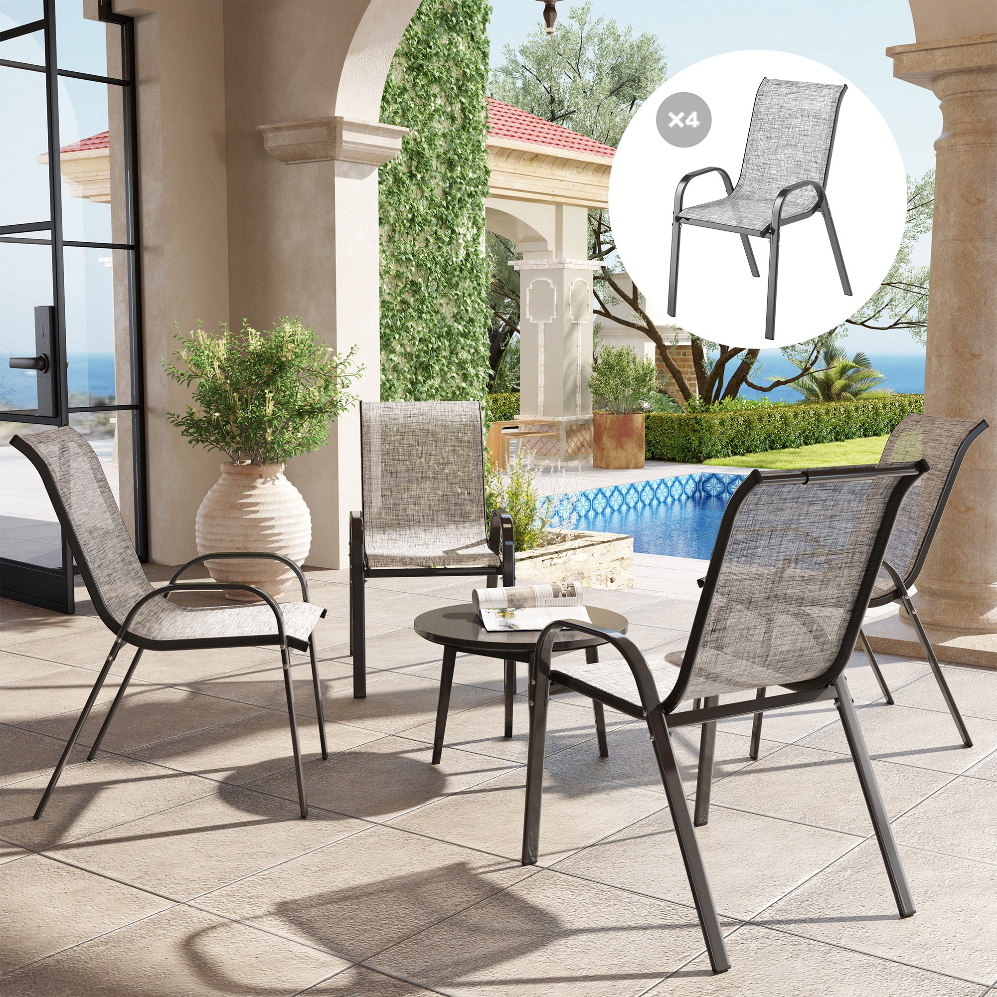 Outsunny Set of 4 Stackable Garden Chairs with Curved Armrests, in Steel and Breathable Fabric, 54x71x93 cm, Grey