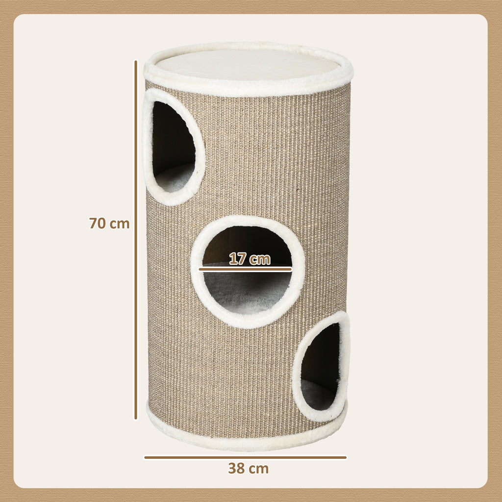 3-Tier Cat House with Sisal Scratching Post and Plush, Ø38x70cm, Brown