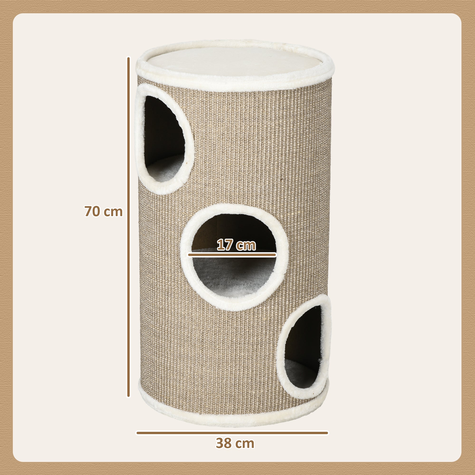 3-Tier Cat House with Sisal Scratching Post and Plush, Ø38x70cm, Brown