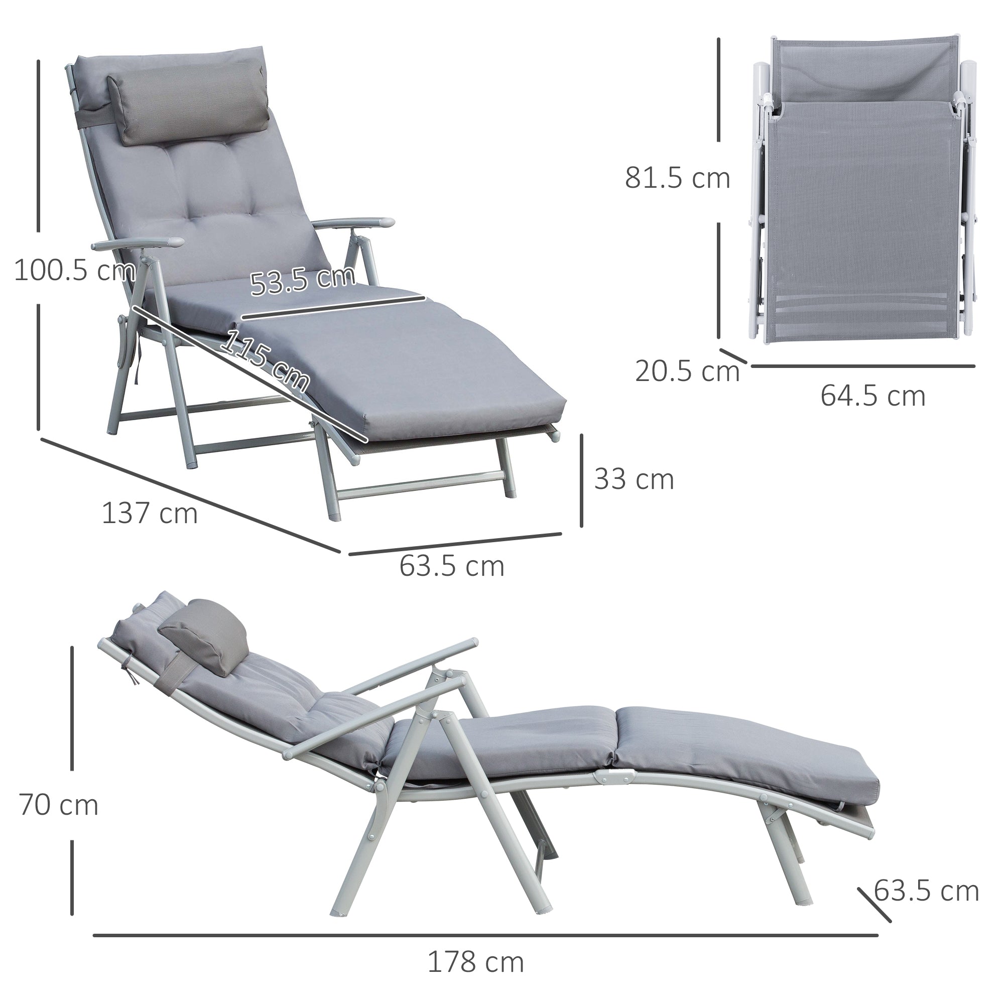 Folding Garden Lounger with Mattress and Cushion, 7-Reclining Backrest, 137x63.5x100.5cm, Grey