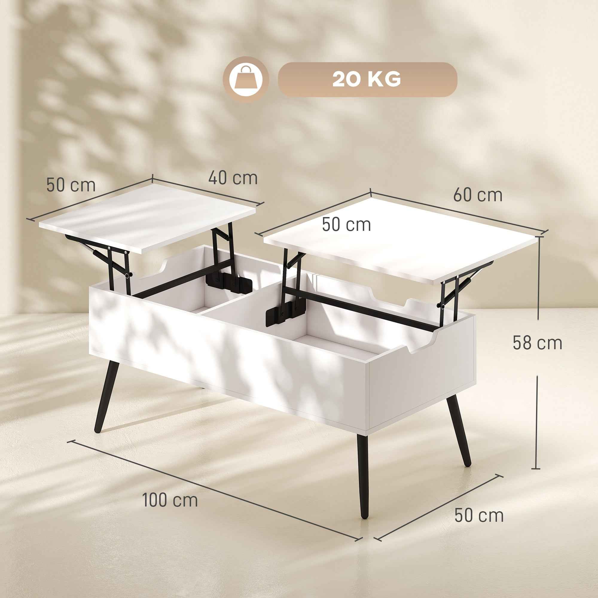 HOMCOM Lift-Up Coffee Table with Double Top and Hidden Storage, White for Living Room