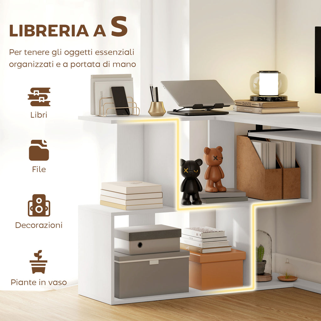 Modern Corner Desk with Sliding Keyboard Tray and 4-Tier Bookshelf, White