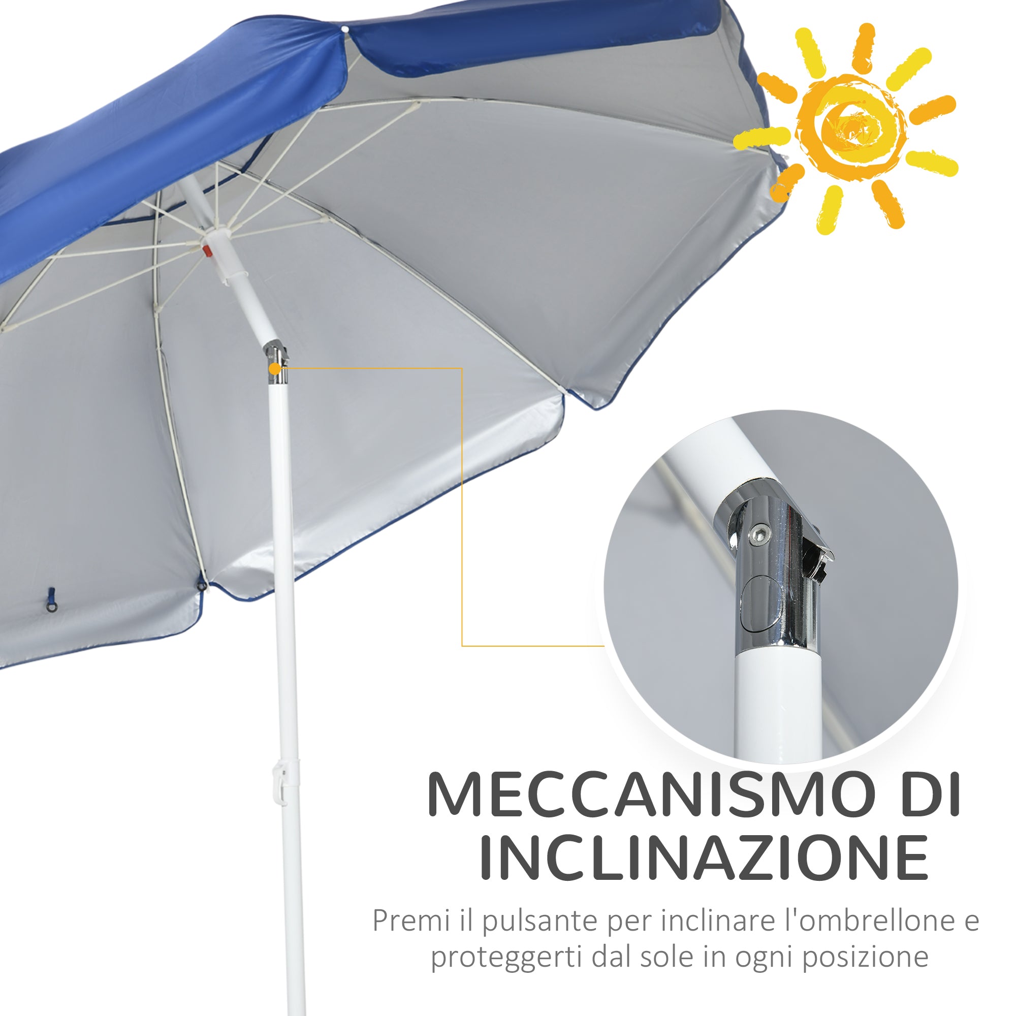 Tilting Beach Umbrella with Side Curtains, in Polyester and Steel, Ø191x211 cm, Blue and White