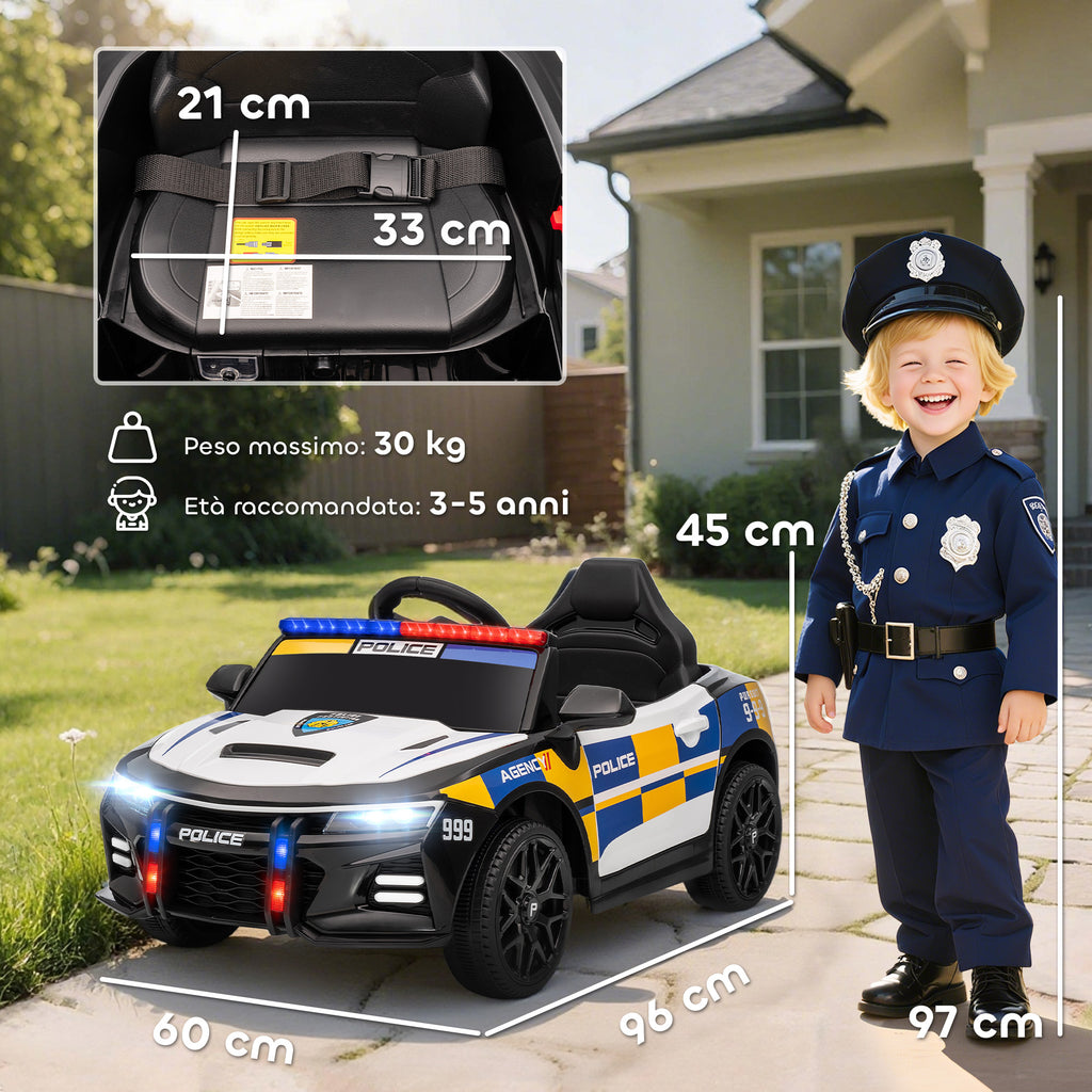 Electric Police Car for Kids with Remote Control, Horn and Built-in Music, 96x60x45 cm