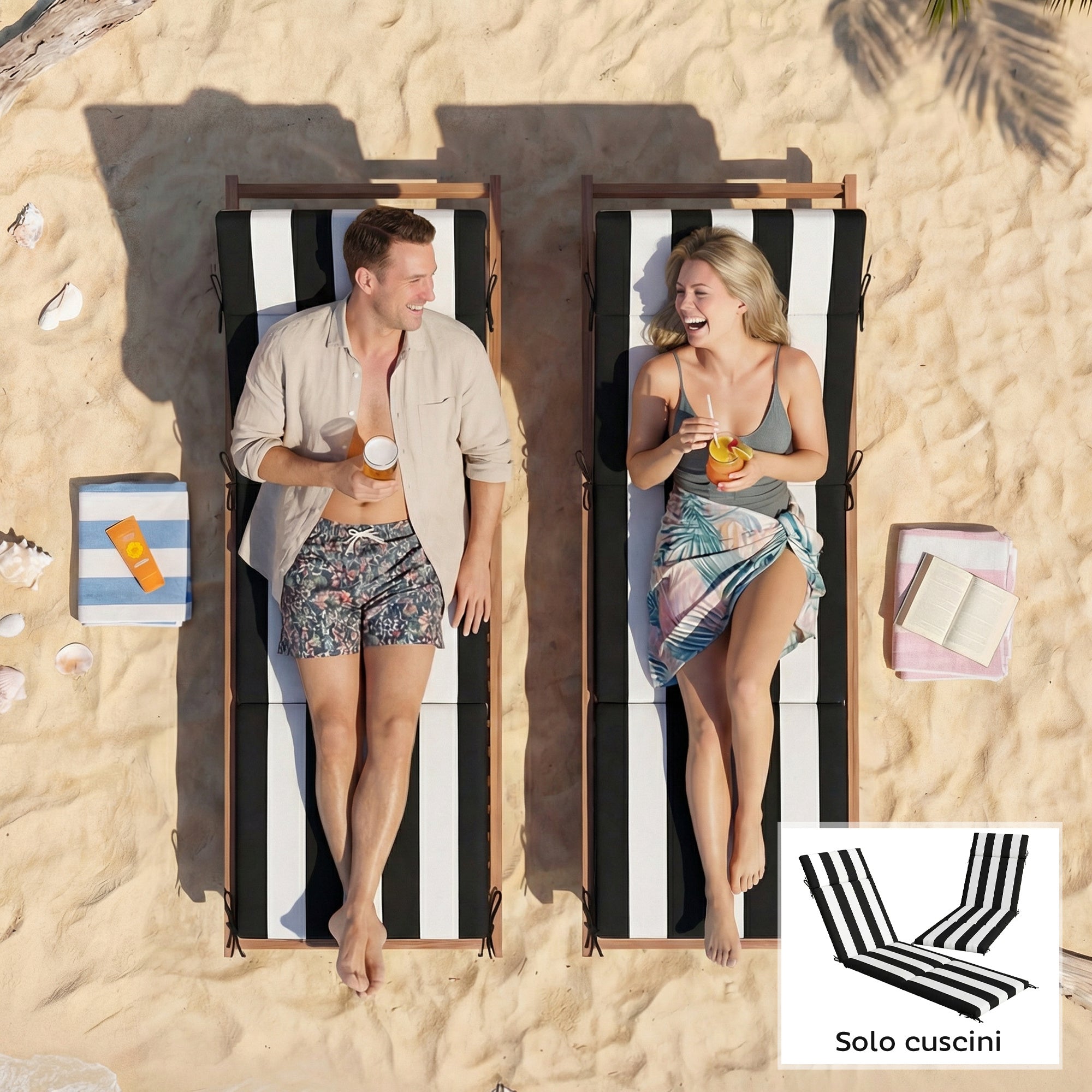 Outsunny Set of 2 Outdoor Chair Cushions with 6 Attachment Ties, Cotton, 183x54x6.5 cm, Black and White