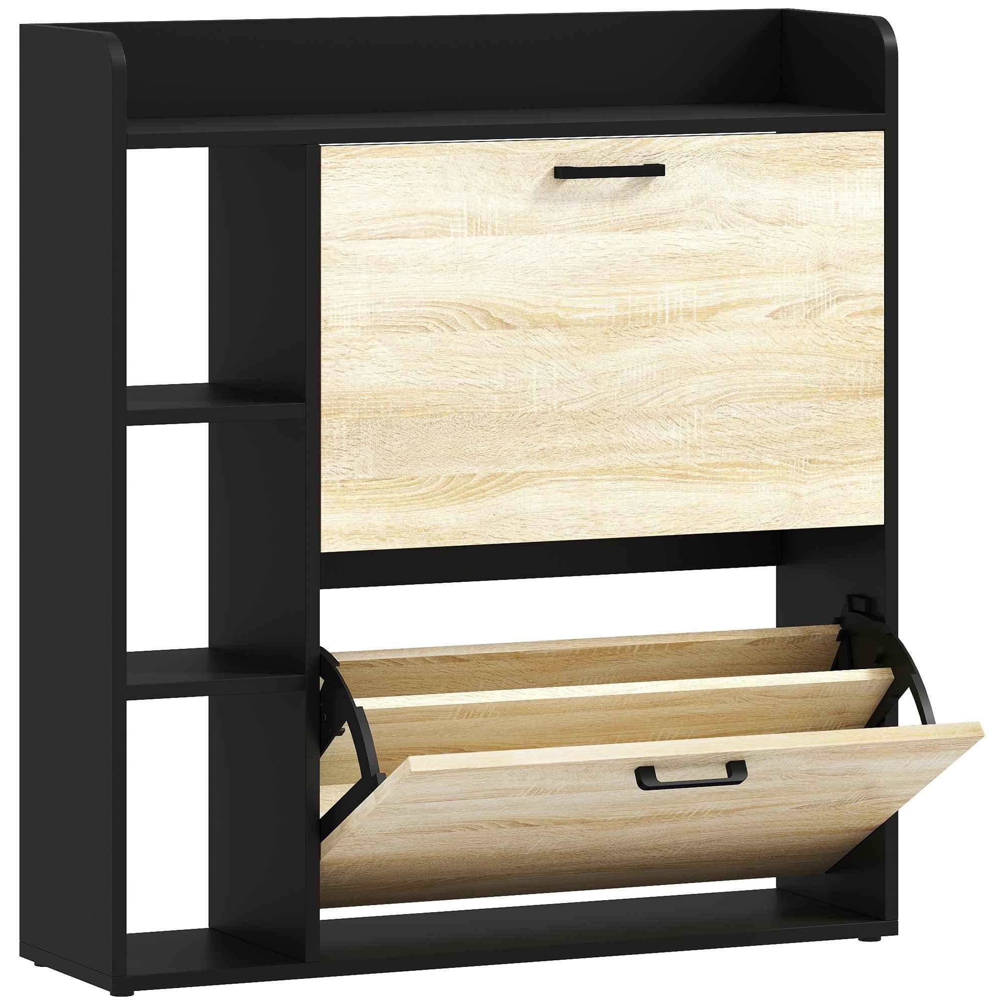 HOMCOM Slim Shoe Rack with 2 Tilting Drawers and 3 Open Compartments, Capacity 15 Shoes, 83x24x90.5 cm, Black