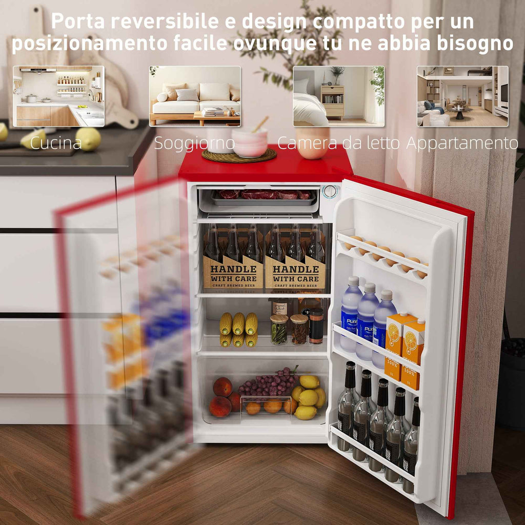 HOMCOM 91L Small Reversible Single-Door Refrigerator with Freezer and Adjustable Temperature, Red