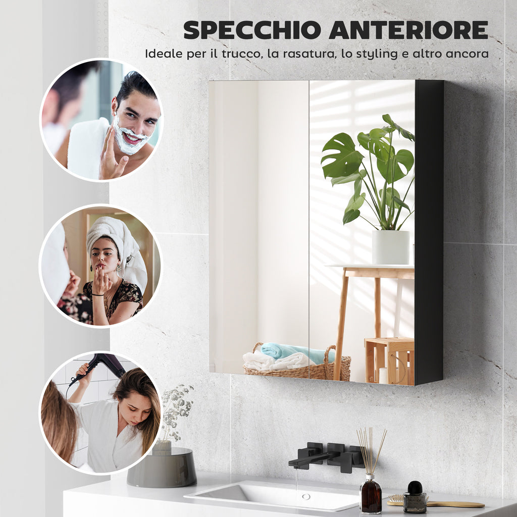 Bathroom Wall Cabinet with 2 Doors, Mirror and 2 Internal Shelves in MDF, 60x15x75 cm, Black