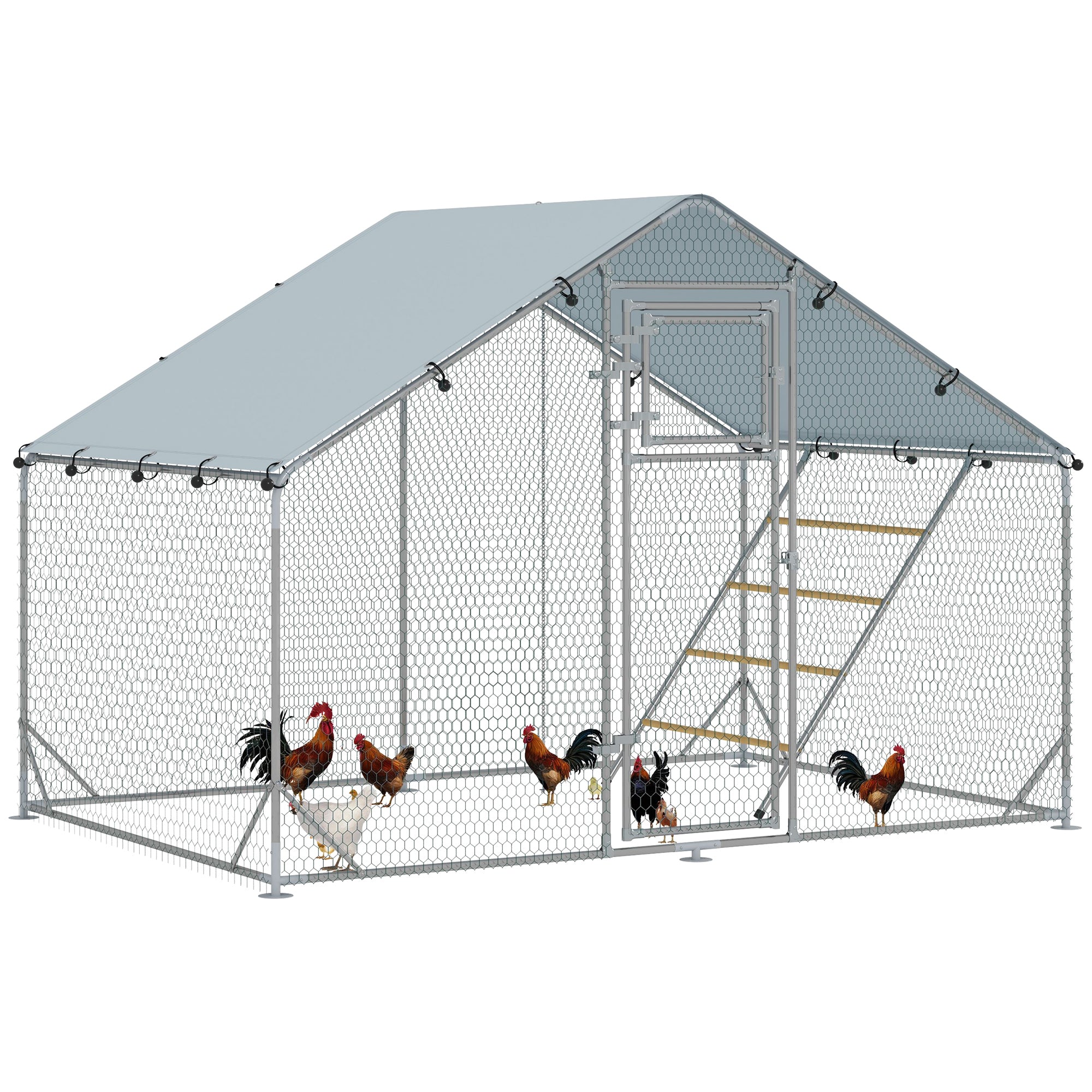 6m² Chicken Coop for 6-8 Animals with Waterproof Roof, Feeder and Perch, 3x2x1.9m, Silver