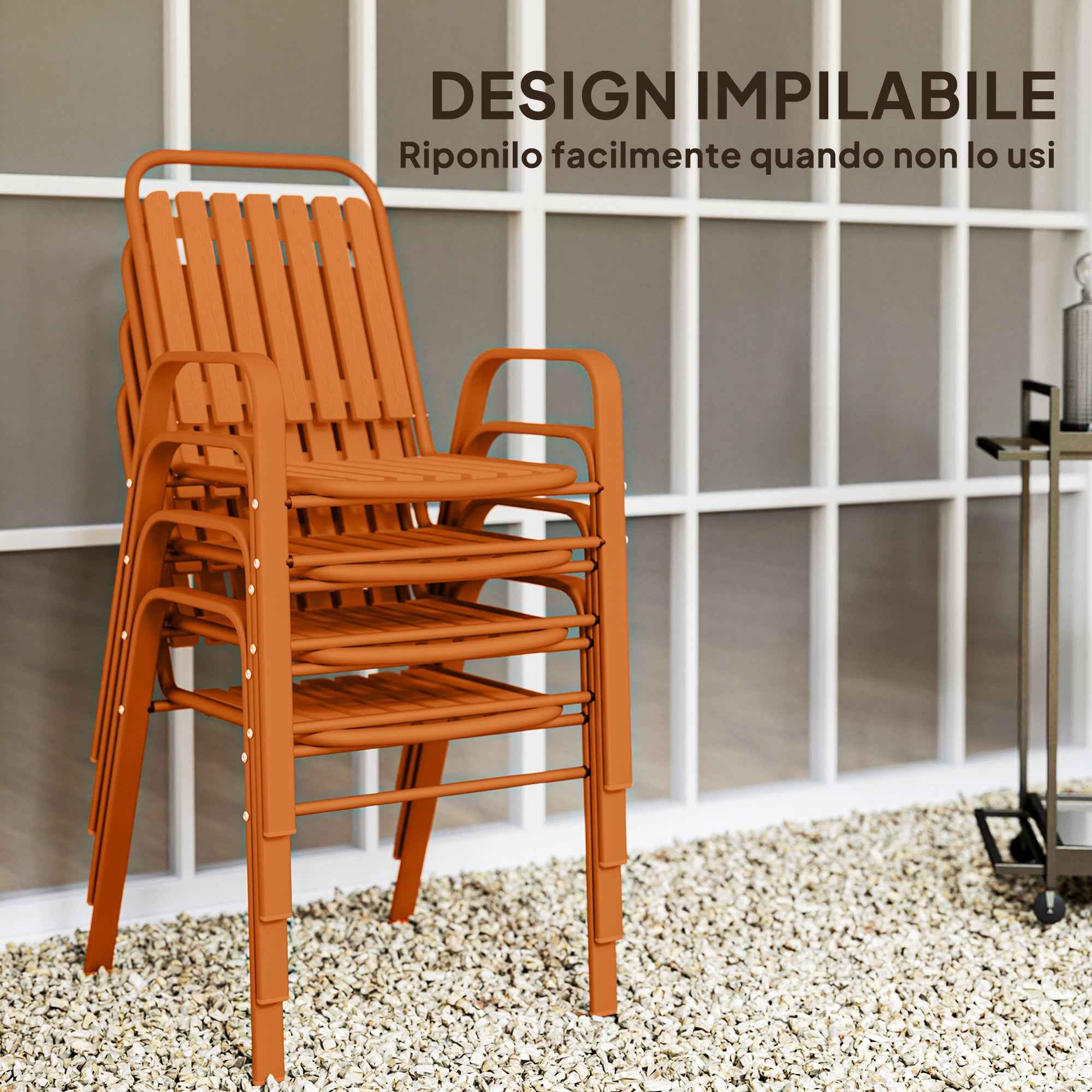 Outsunny Set of 4 Stackable Garden Chairs with High Backrest and Armrests, in PP and Steel, 56x66x91 cm, Orange
