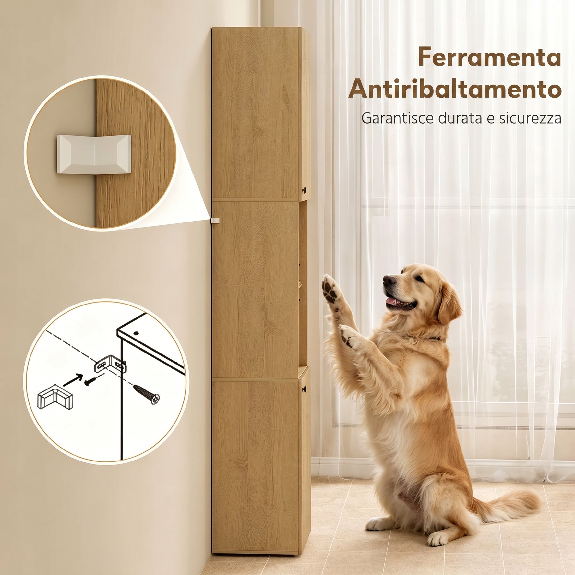 HOMCOM Slim Bathroom Cabinet with 6 Shelves, 2 Doors, Open Compartments, Tempered Glass Shelf, Adjustable Shelves, Oak