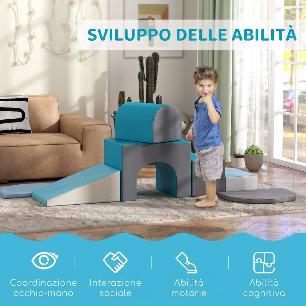 HOMCOM 7-Block Playset for Babies 12-36 Months, Multi-Colour, PU and EPE, 170x130x40 cm, Blue and Grey