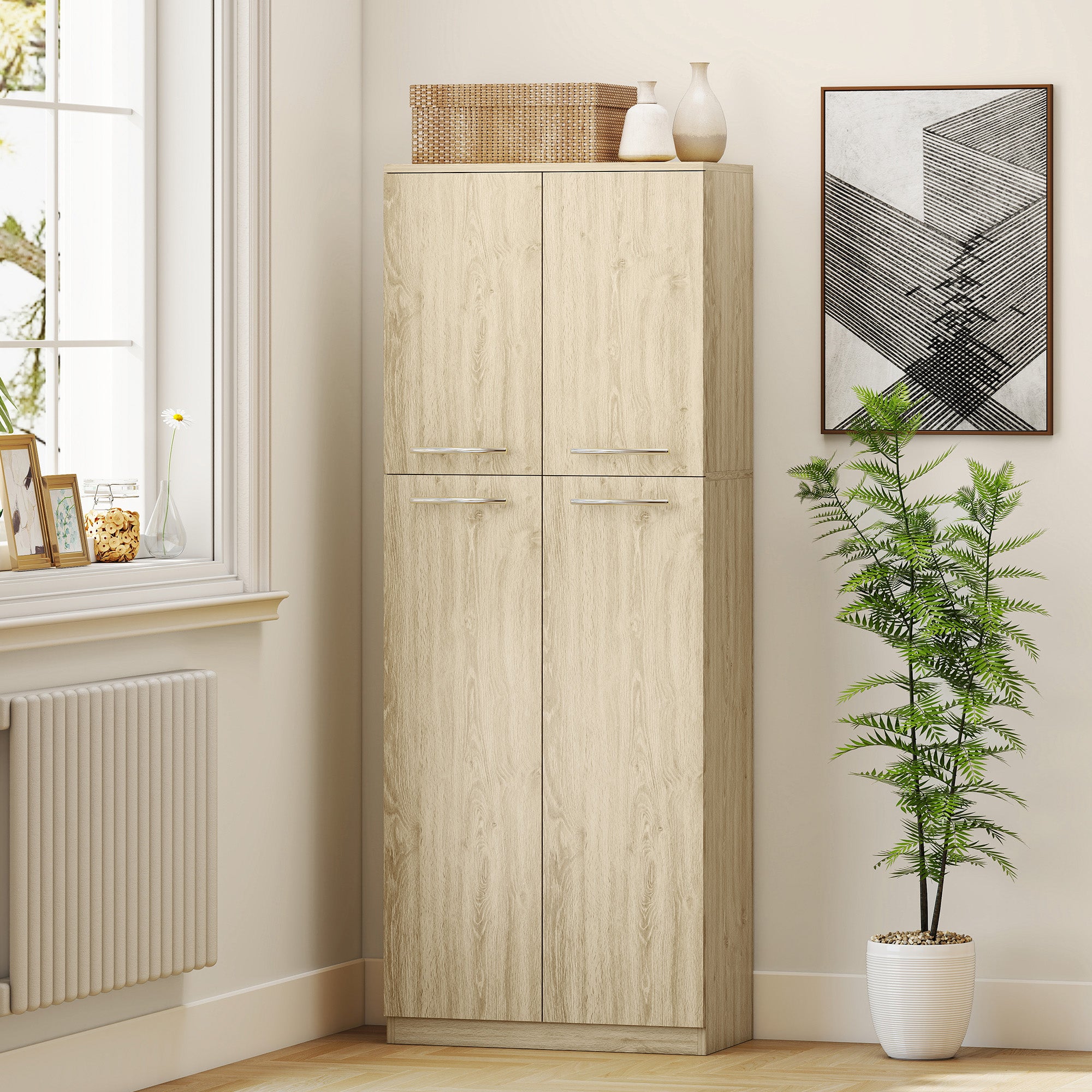 Minimal Storage Unit with 2 Cabinets and Adjustable Shelves, Oak-Colored Wood, 59x31x155 cm