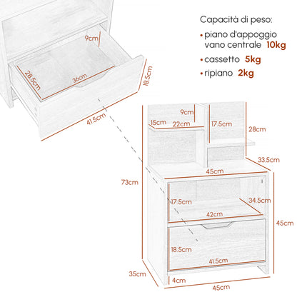 Bedside Table with 2 Open Shelves and Drawer in Chipboard for Bedroom and Living Room, 45x35x73 cm