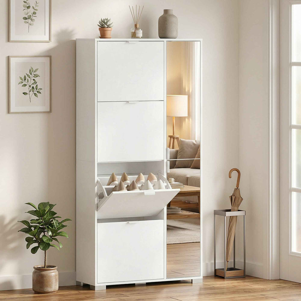 HOMCOM Shoe Rack with Mirror, 4 Drawers with Flap, Entrance Shoe Cabinet, White