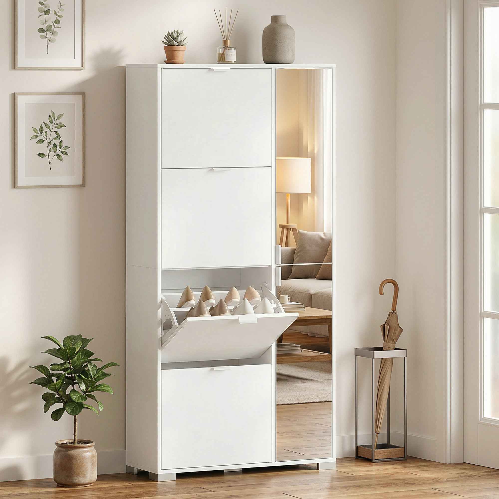 HOMCOM Shoe Rack with Mirror, 4 Drawers with Flap, Entrance Shoe Cabinet, White