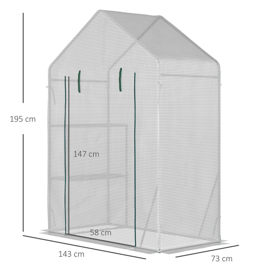 Outsunny Outdoor Garden Greenhouse in PE and Steel with 2 Shelves and Roll-Up Door, 143x73x195 cm, White