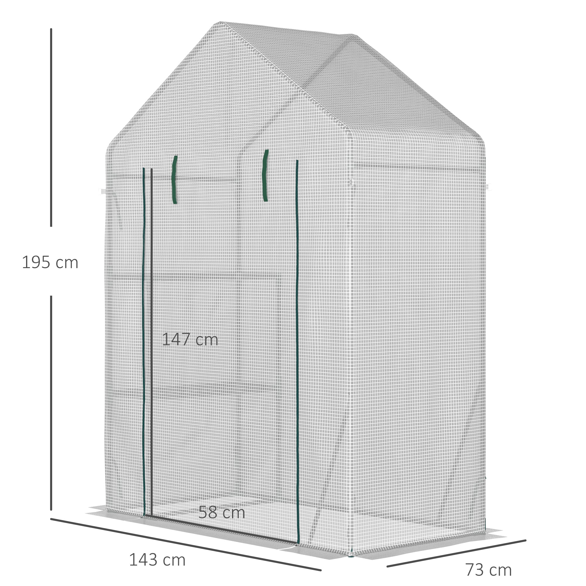 Outsunny Outdoor Garden Greenhouse in PE and Steel with 2 Shelves and Roll-Up Door, 143x73x195 cm, White