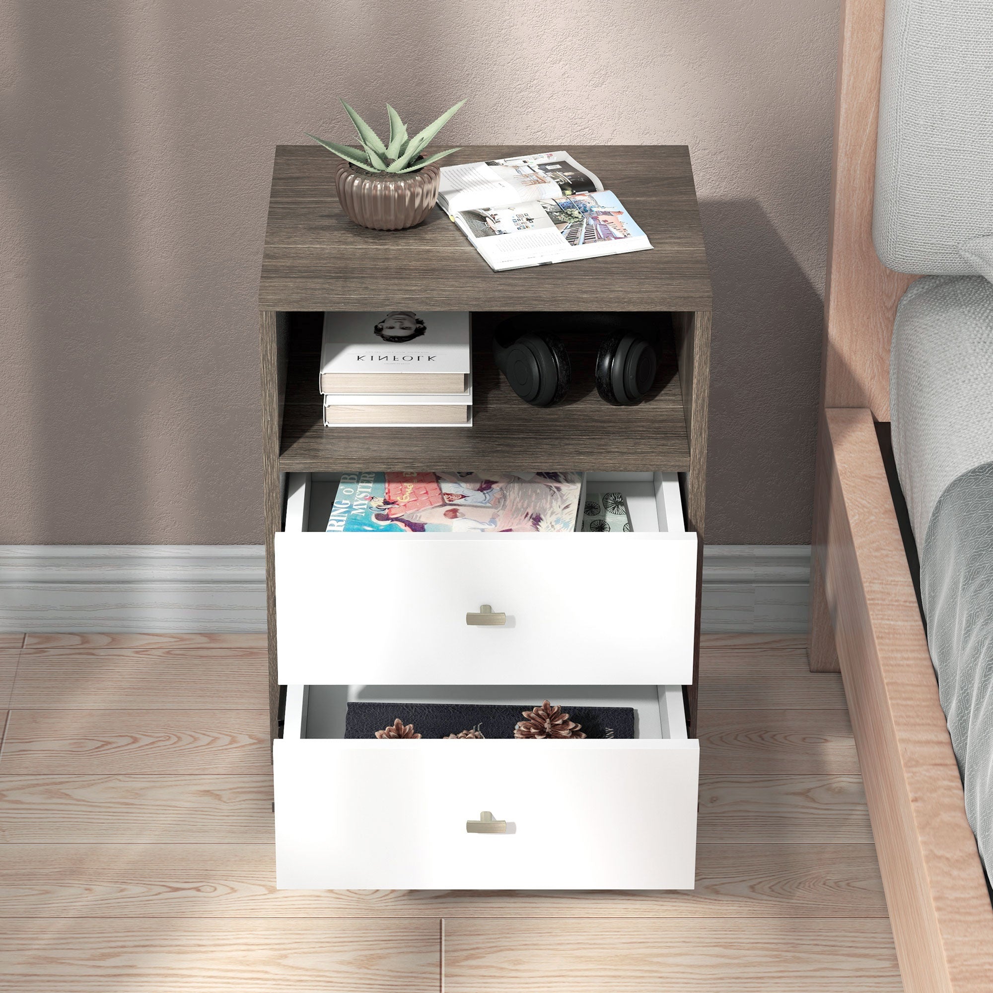 Set of 2 Modern Bedroom Nightstands with 2 Drawers and Open Compartment, 40x34x64cm, Grey