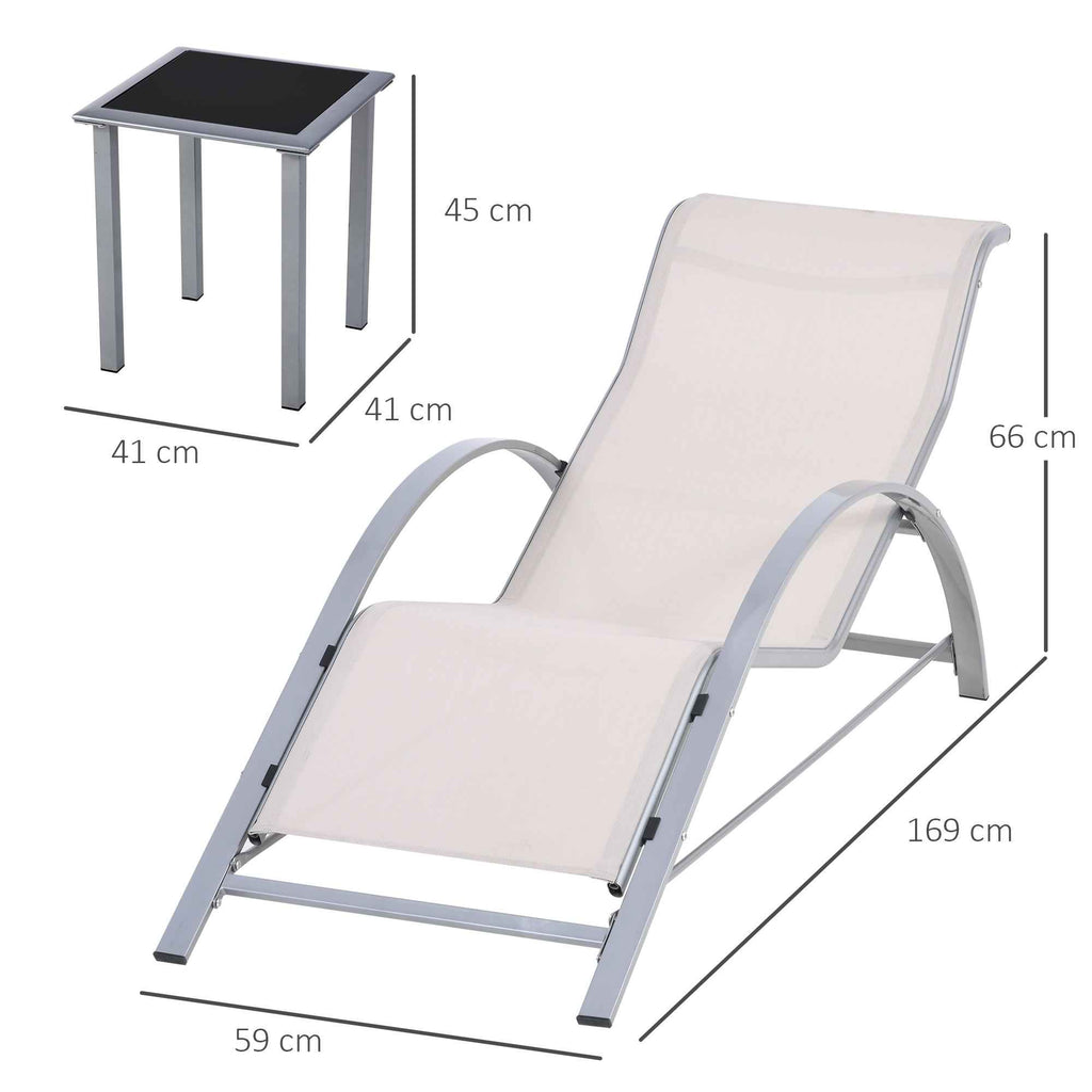 Outsunny Set of 2 Sun Loungers and Coffee Table with Glass Top, 59x169x66 cm, Cream