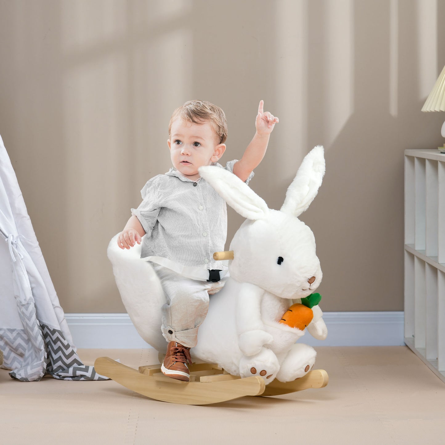 Rabbit Rocking Animal with Sounds and Safety Belt, 60x33x50 cm, White