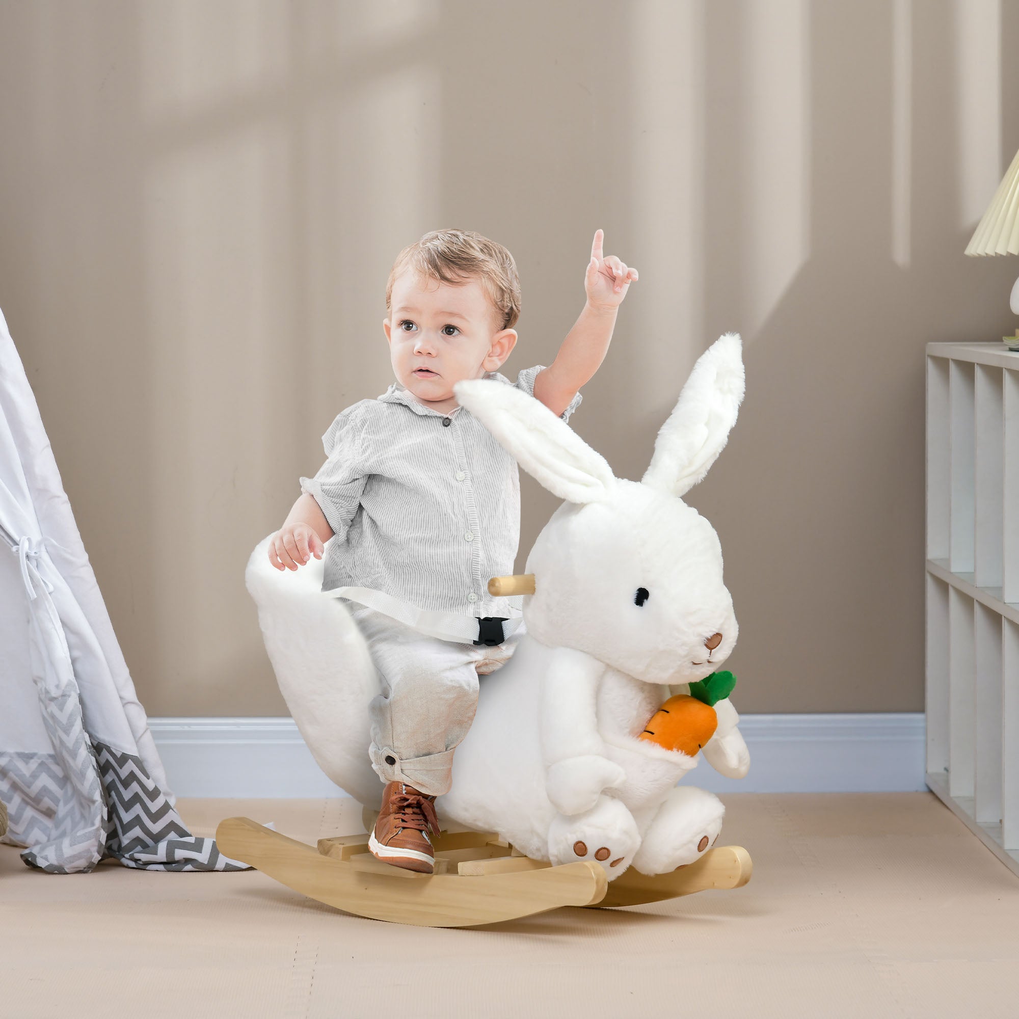 Rabbit Rocking Animal with Sounds and Safety Belt, 60x33x50 cm, White - Borgè