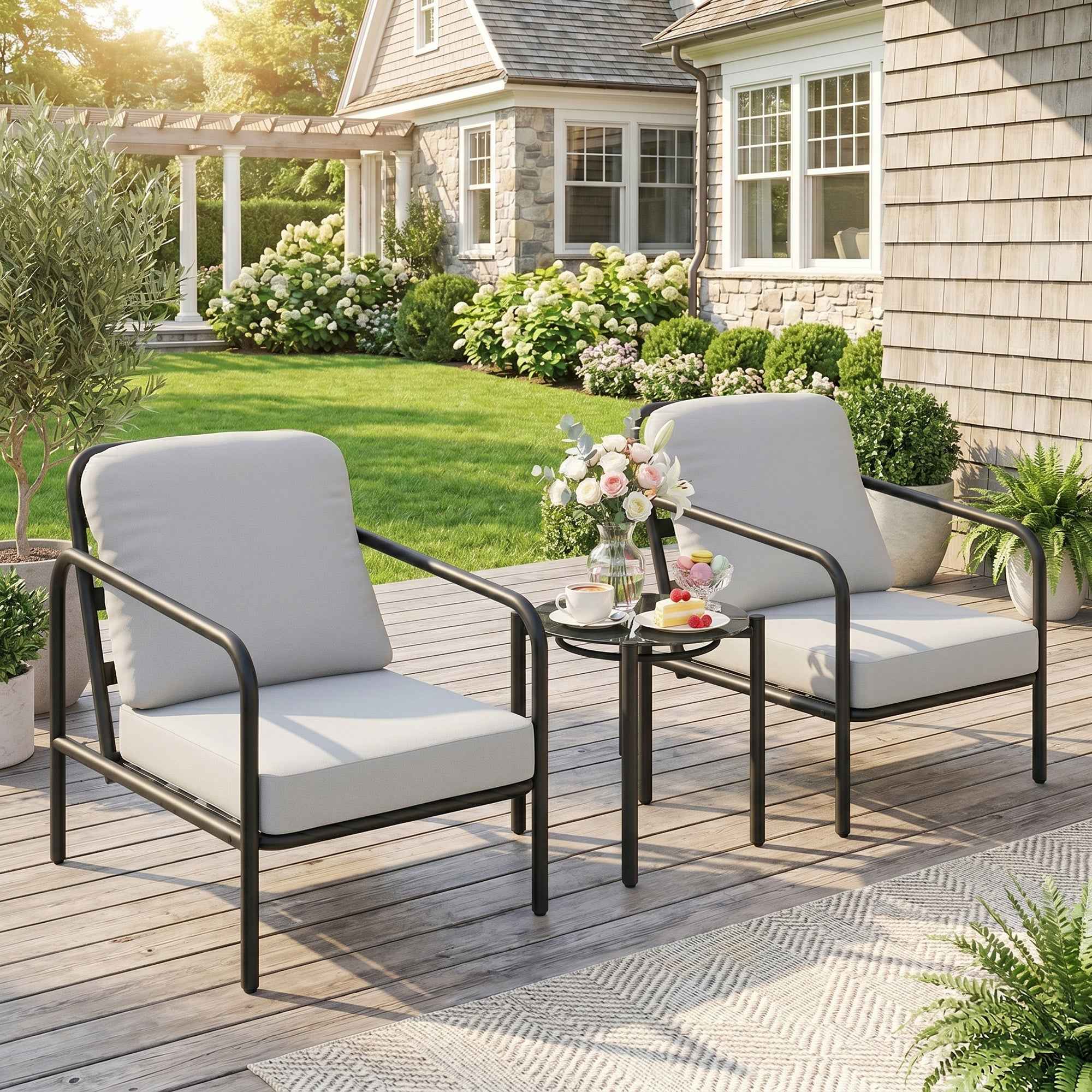 Outsunny 3-Piece Steel Bistro Set with 2 Chairs with Thick Cushions, Black Tempered Glass Top Coffee Table