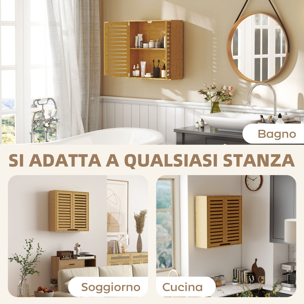 Bathroom Cabinet with Adjustable Internal Shelf and Shutter Doors, Bamboo, 60x20x60 cm, Wood Color