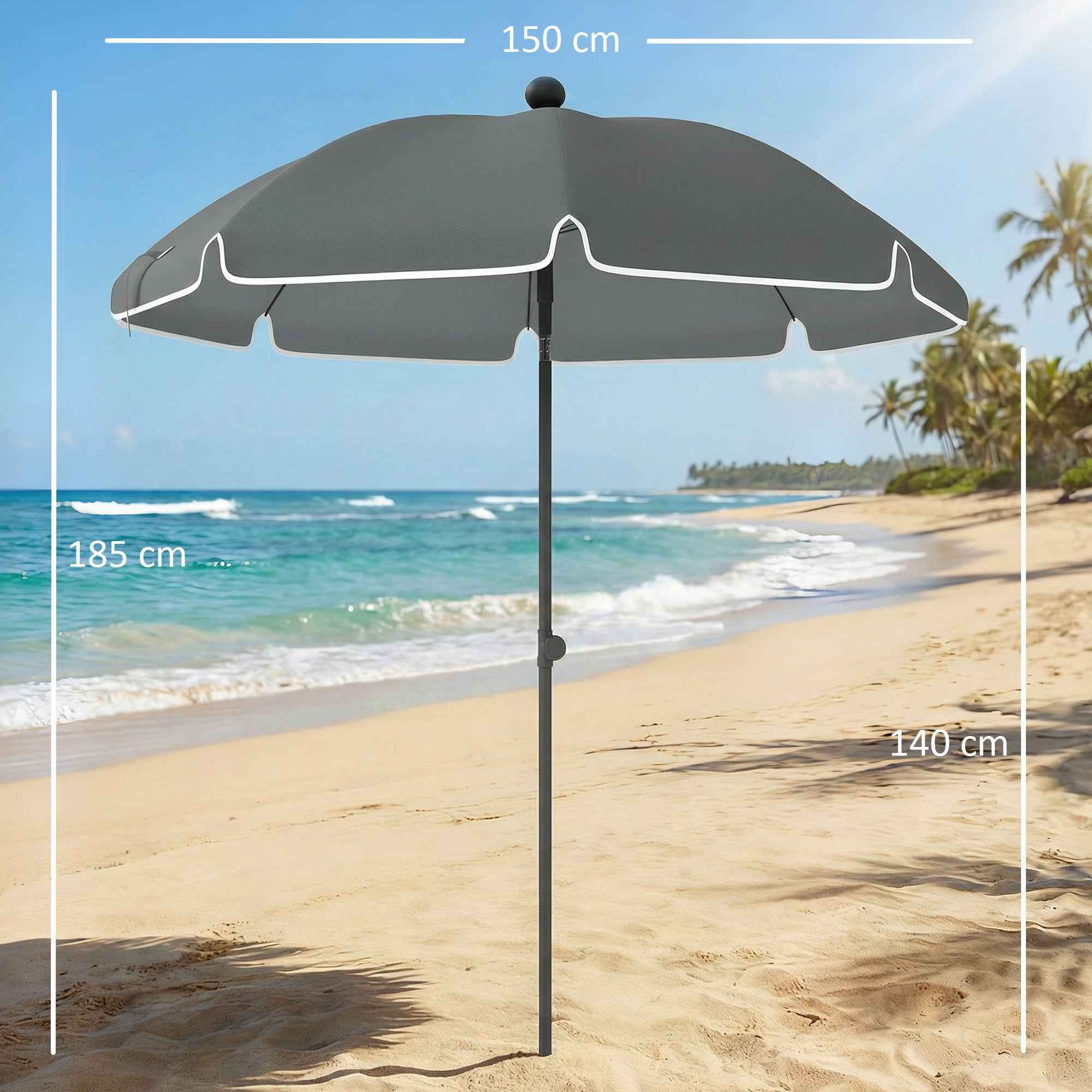 Outsunny Tilting Beach Umbrella with Anchor and Bag, Ø150x185 cm, Dark Grey