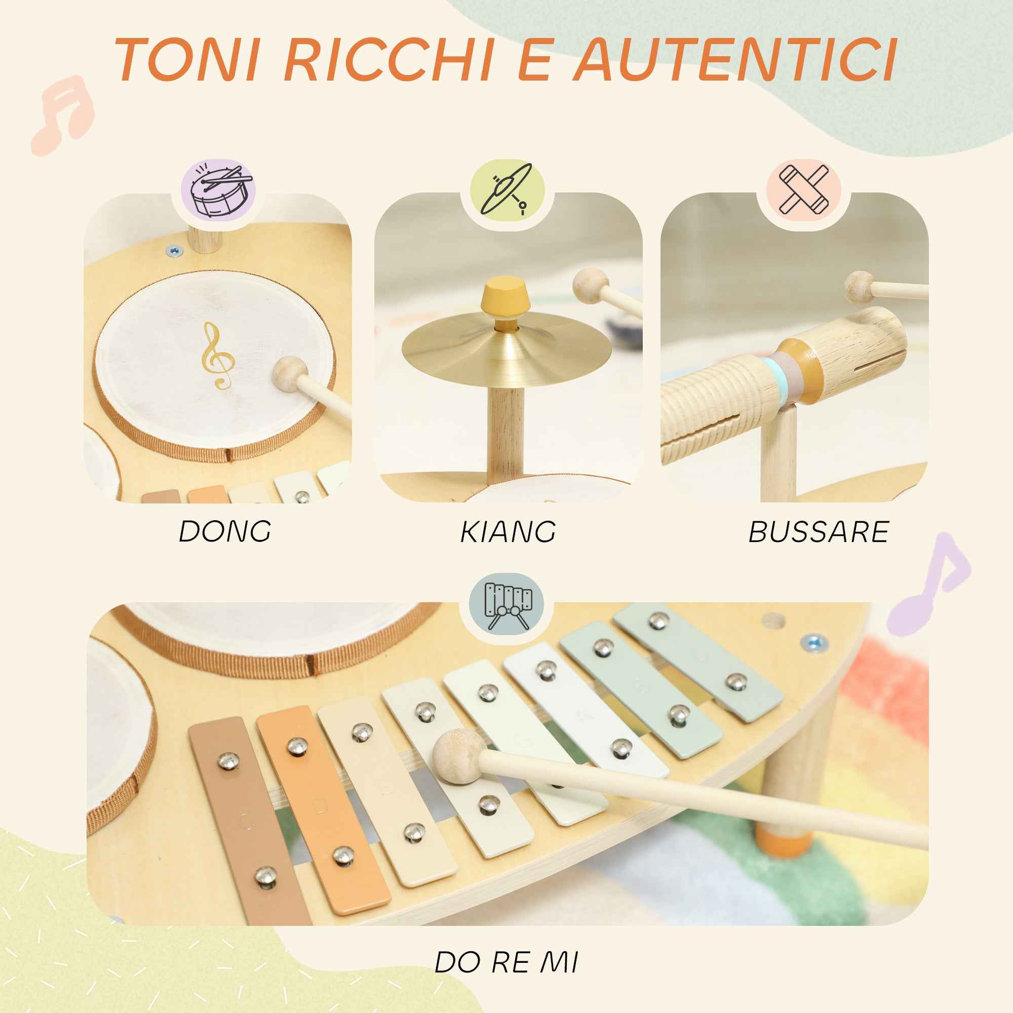 Musical Instrument Set for Kids Ages 2+ with Drums and Xylophone, Wood Color