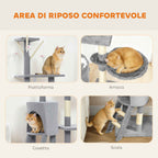 PawHut Cat Tower with House, Perch, Platforms and 4 Mice, Made of Wood, Plush and Sisal, 60x35x134 cm, Grey
