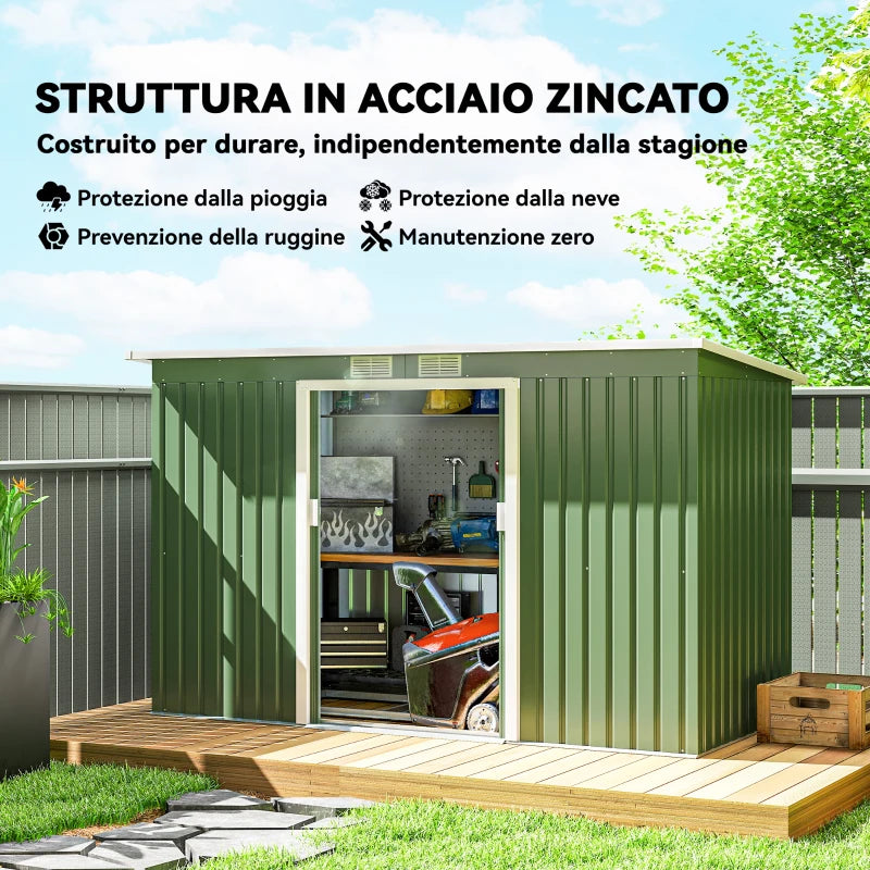 Steel Sheet Garden Tool Shed, Steel Garden Storage Shed with Sliding Doors, 280x130x172cm, Light Green