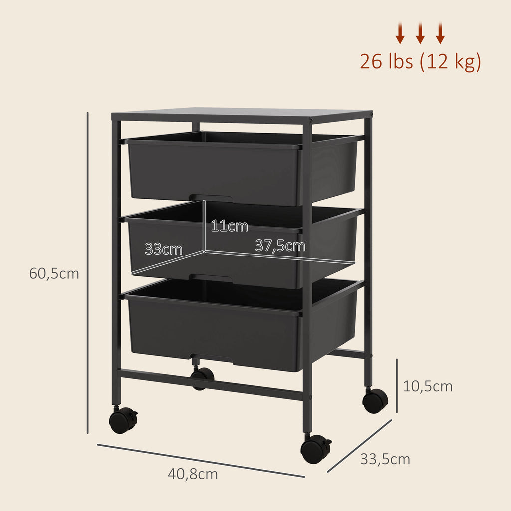 HOMCOM Multipurpose Trolley with 3 Removable Baskets and Wheels for Kitchen and Office in Steel and PP, Black