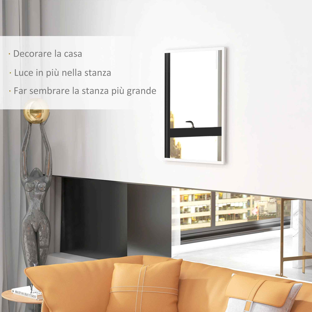 HOMCOM Rectangular Wall Mirror with Hooks, Glass and MDF, 60x80 cm, White