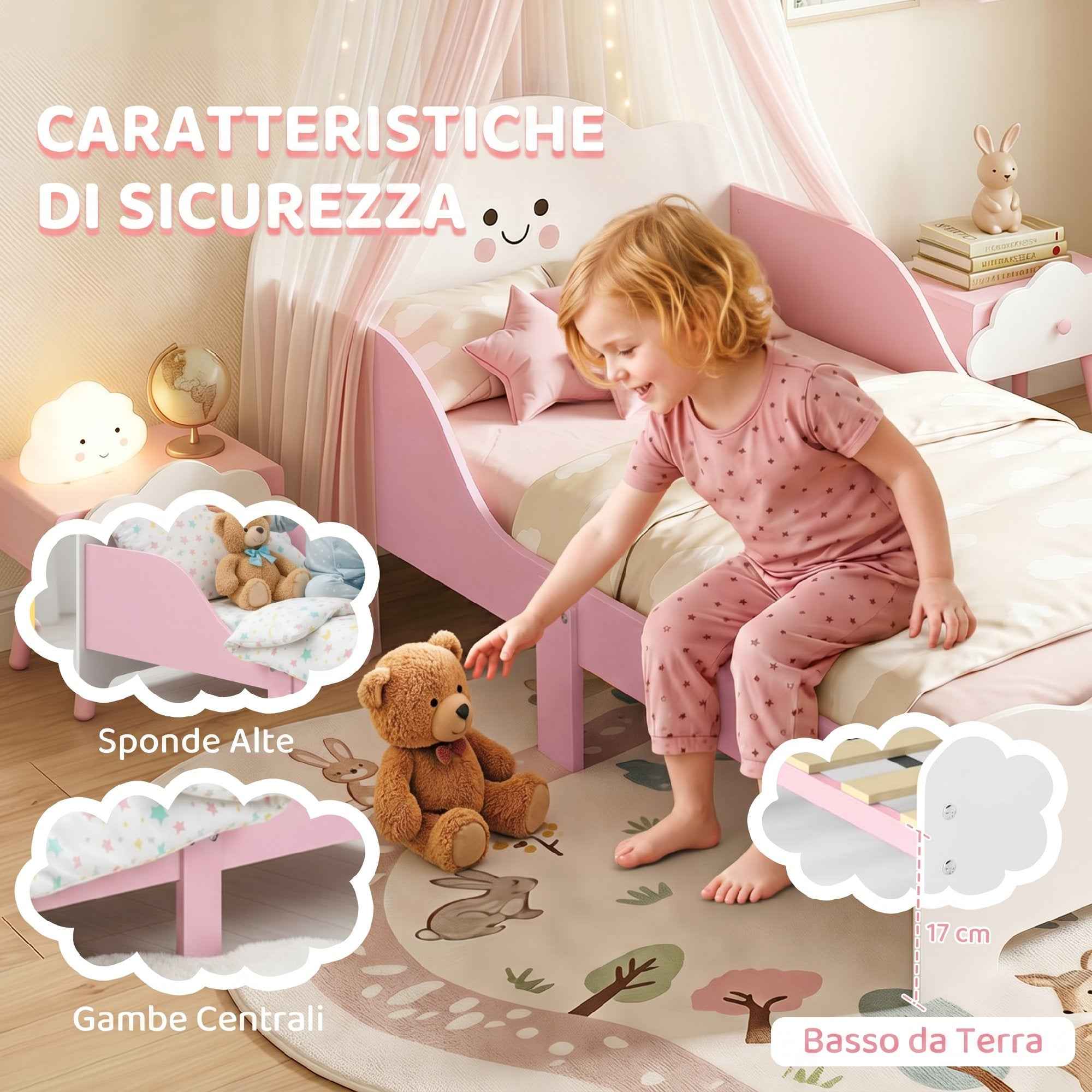 AIYAPLAY Montessori Bed for Children Ages 3-6, Wooden Bed with Raised Edges and Cute Prints, for Children's Bedroom, Pink