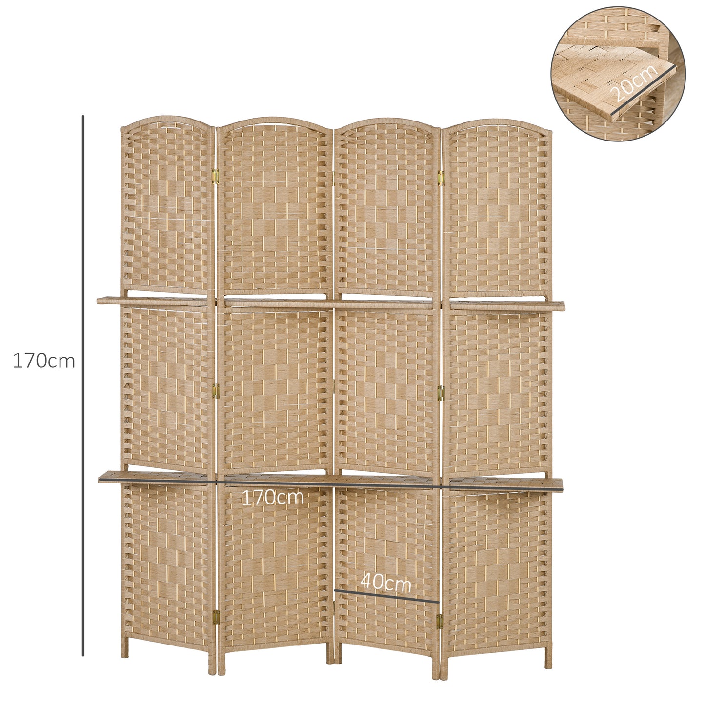 4-Panel Folding Room Divider with Shelves 160x170cm, Natural Color