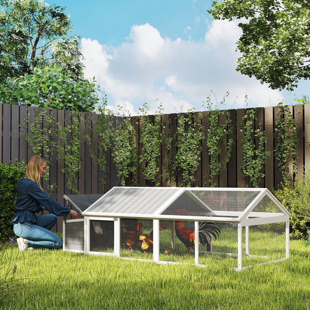 PawHut Wooden Chicken Coop for 4-8 Chickens with Wire Mesh and Opening Roof, 240x112.5x76 cm, White