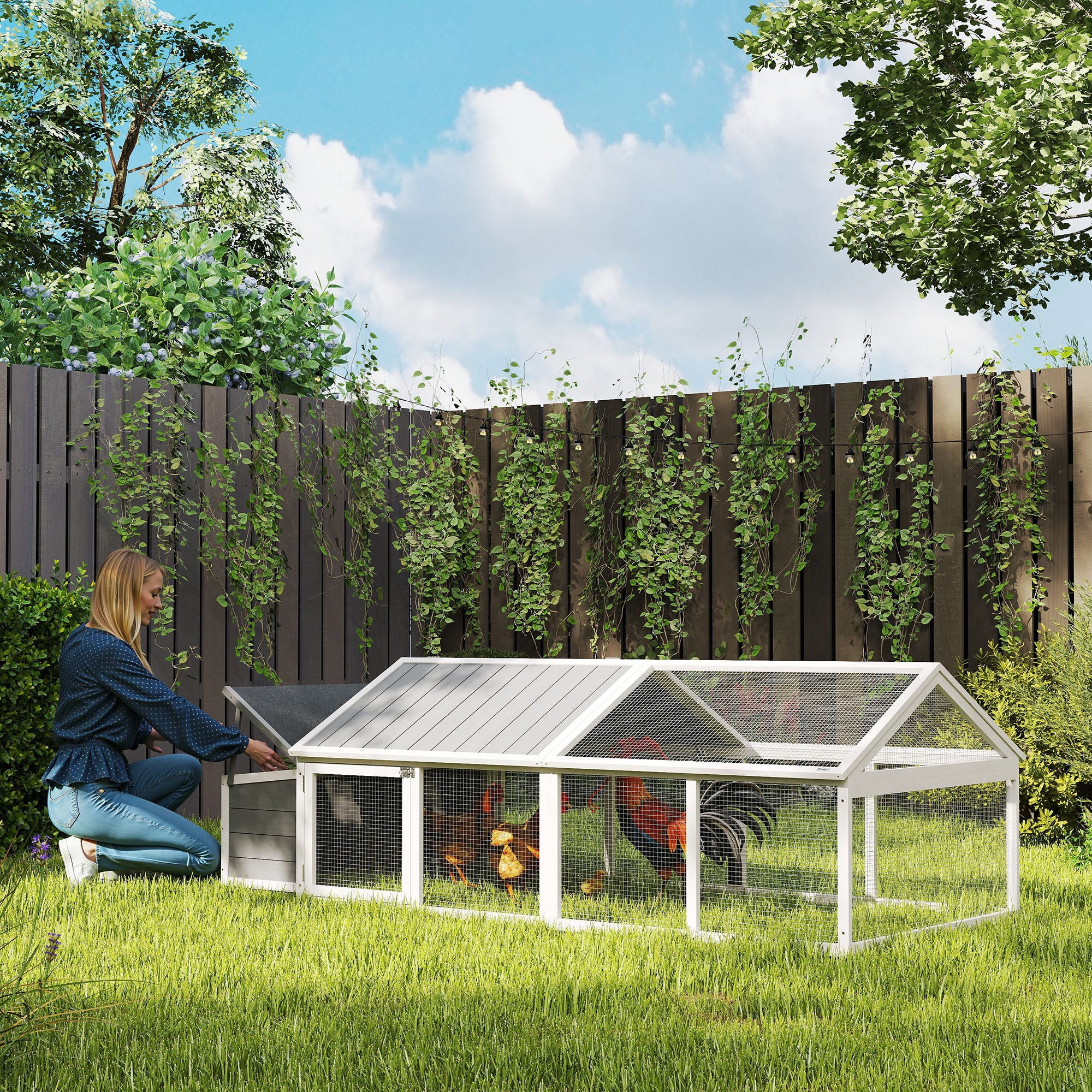 PawHut Wooden Chicken Coop for 4-8 Chickens with Wire Mesh and Opening Roof, 240x112.5x76 cm, White