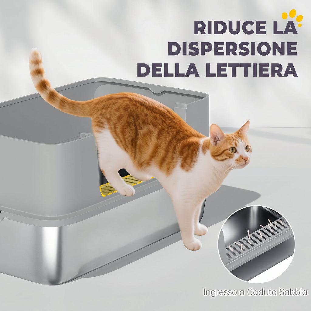 PawHut XL Stainless Steel Cat Litter Box with Scoop, High Sides, Leak-Proof, Odor-Resistant, Up to 7 kg, Grey