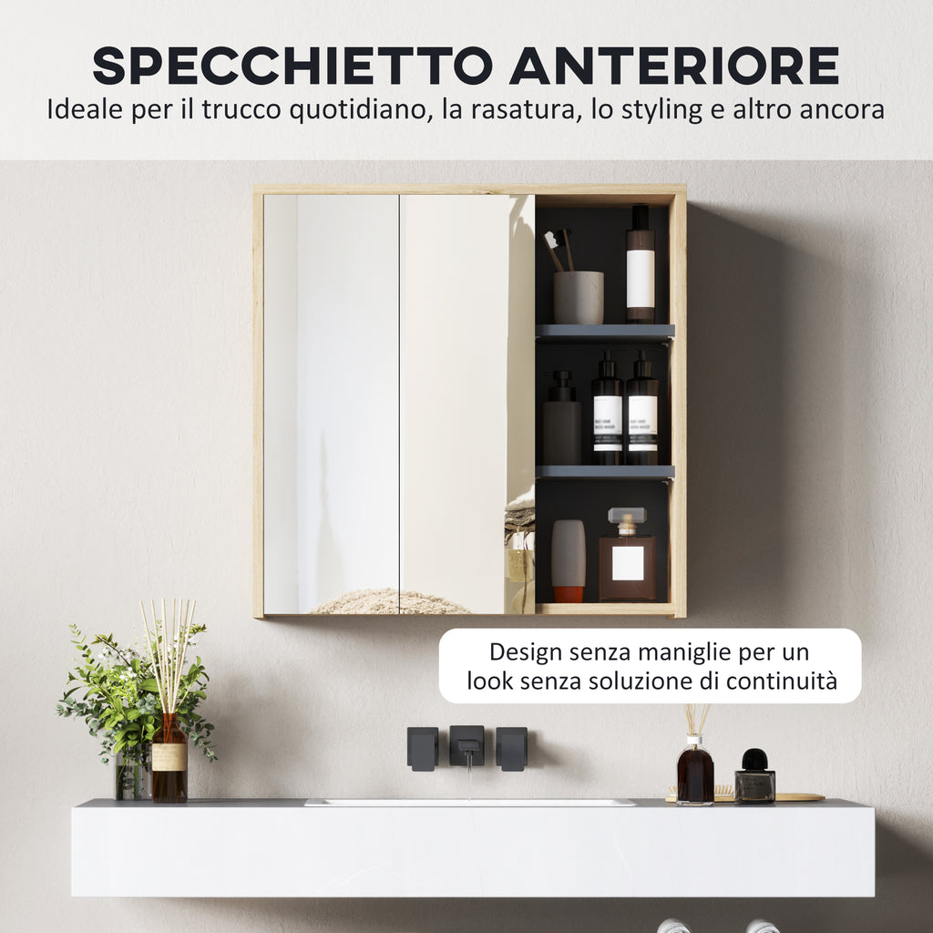 Bathroom Mirror Cabinet with 2 Doors, 60x20x60 cm Bathroom Cabinet with Mirror, Open Compartment, Natural