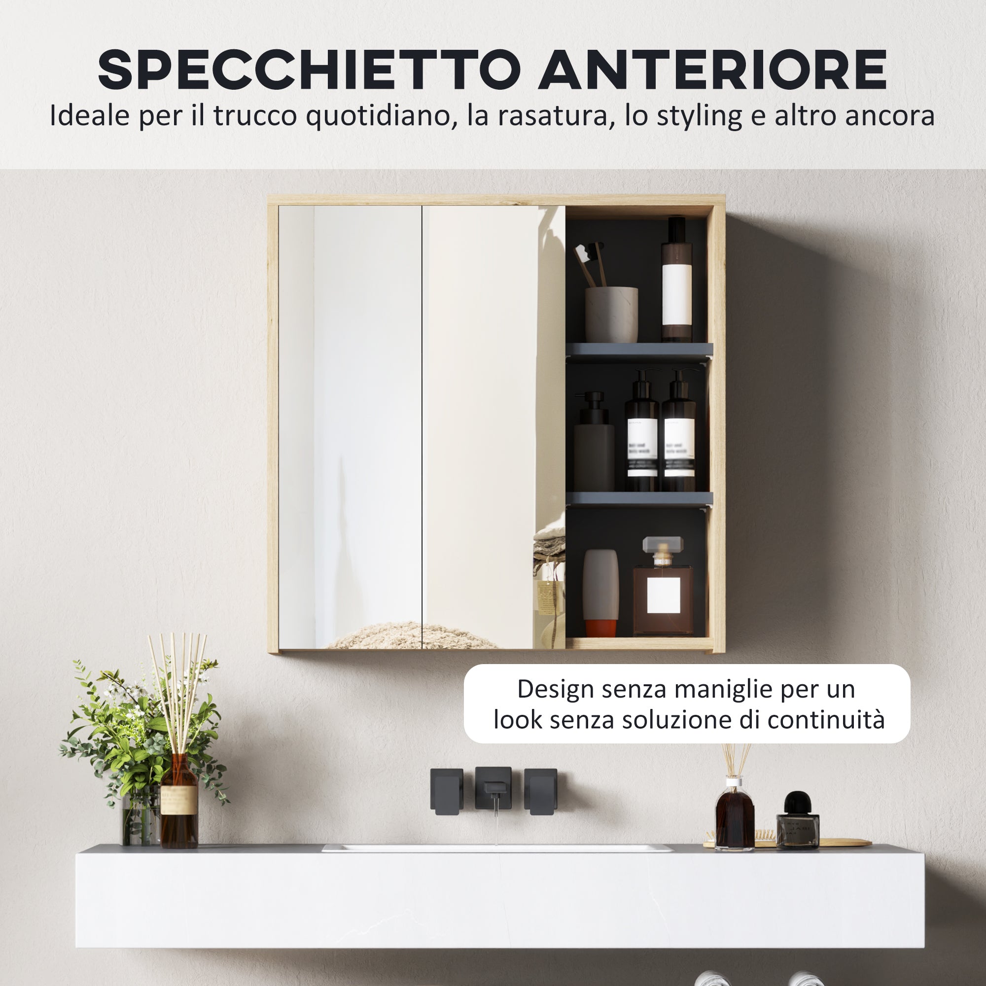 Bathroom Mirror Cabinet with 2 Doors, 60x20x60 cm Bathroom Cabinet with Mirror, Open Compartment, Natural