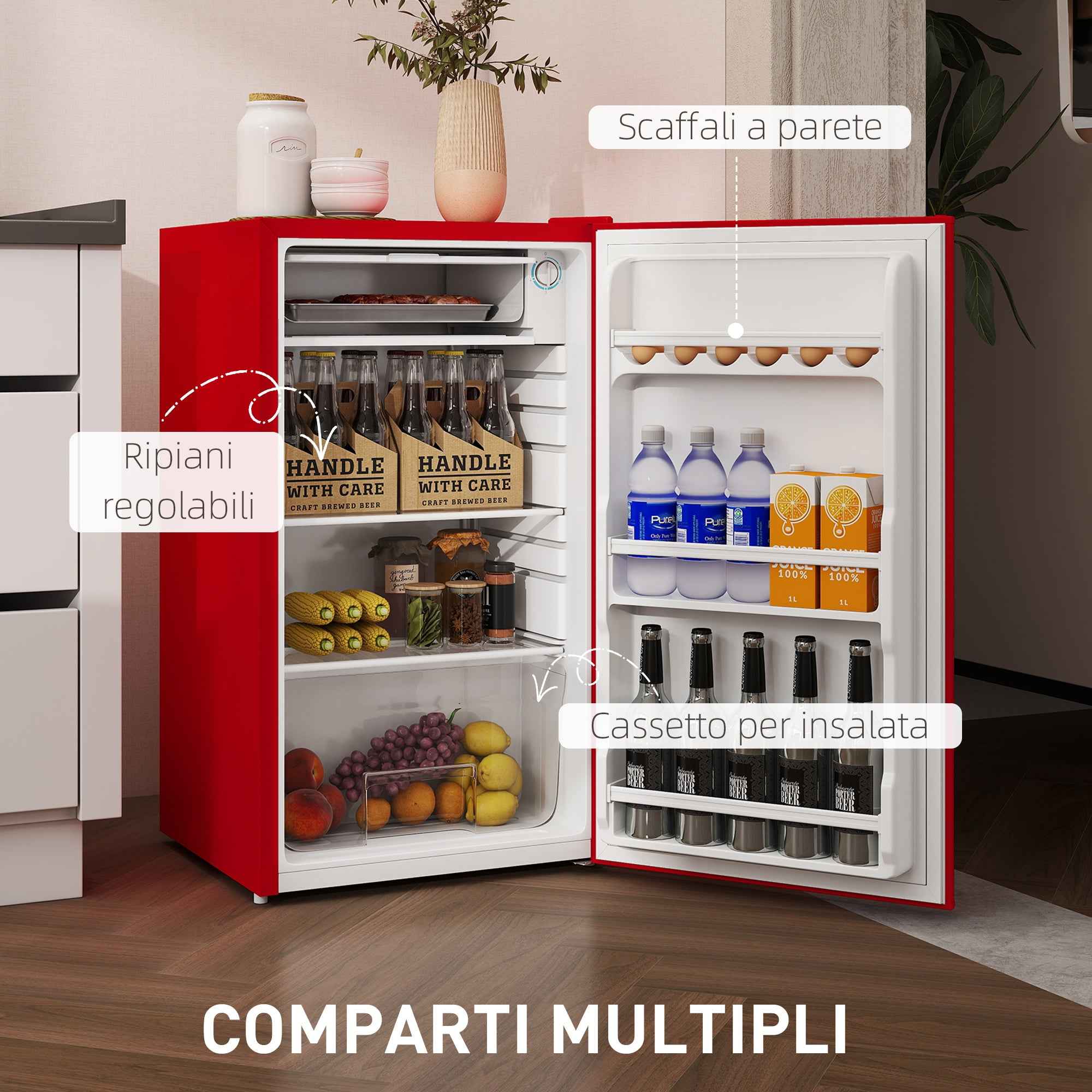 HOMCOM 91L Small Reversible Single-Door Refrigerator with Freezer and Adjustable Temperature, Red