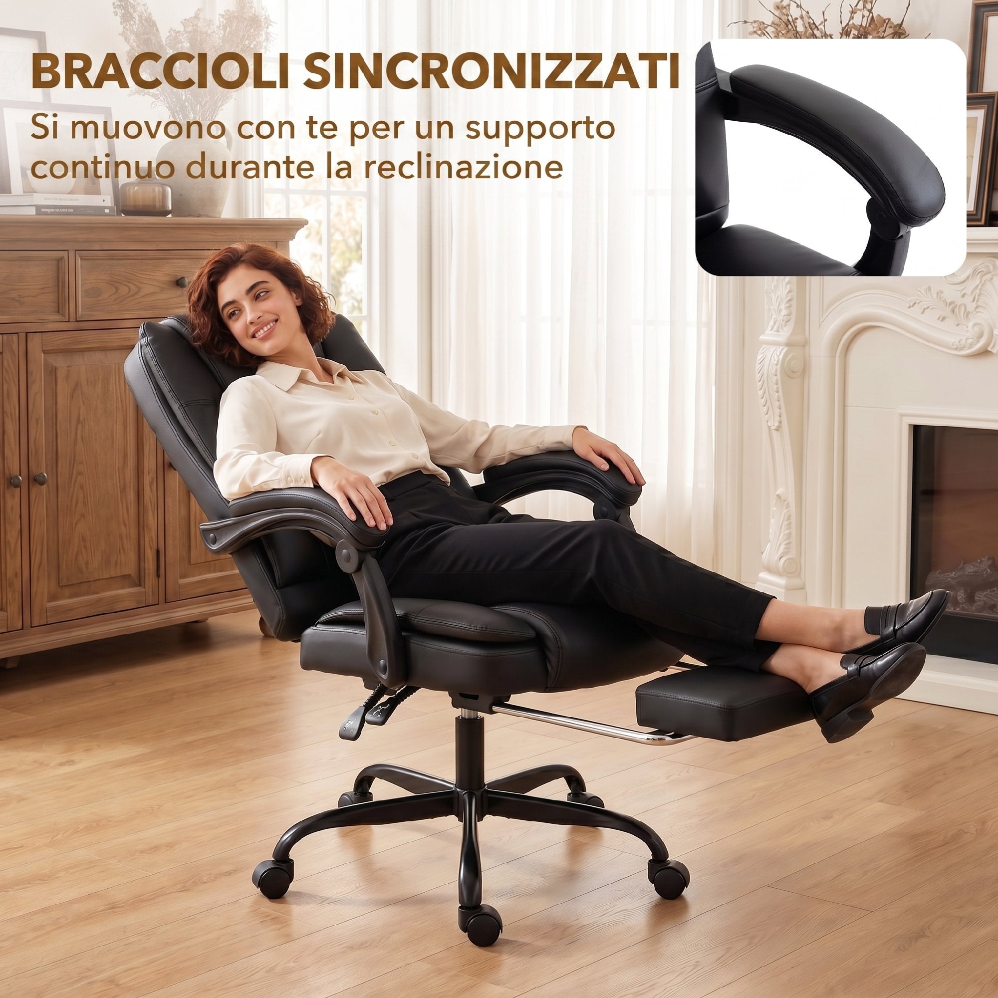 HOMCOM Ergonomic Office Chair with 150° Reclining Footrest, Cotton and Metal, 65x67x112-122 cm, Black