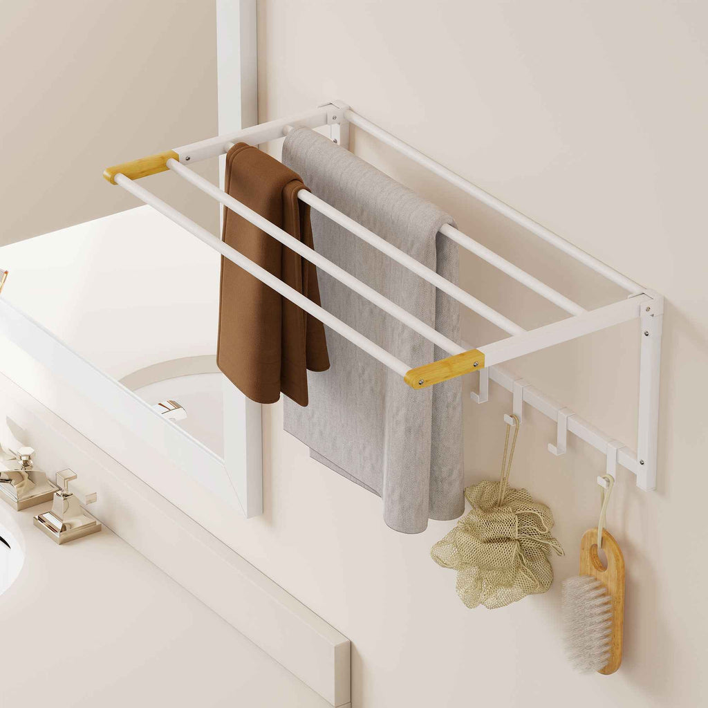 HOMCOM Folding Wall-Mounted Towel Rack with 5 Bars and 6 Hooks in Wood and Steel, 60x32.5x20 cm, White