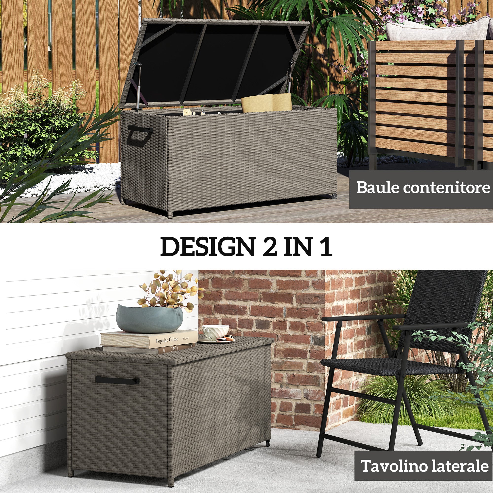 184L PE Rattan Outdoor Storage Chest with Wheels and Waterproof Inner Lining, 102x52x52 cm, Grey