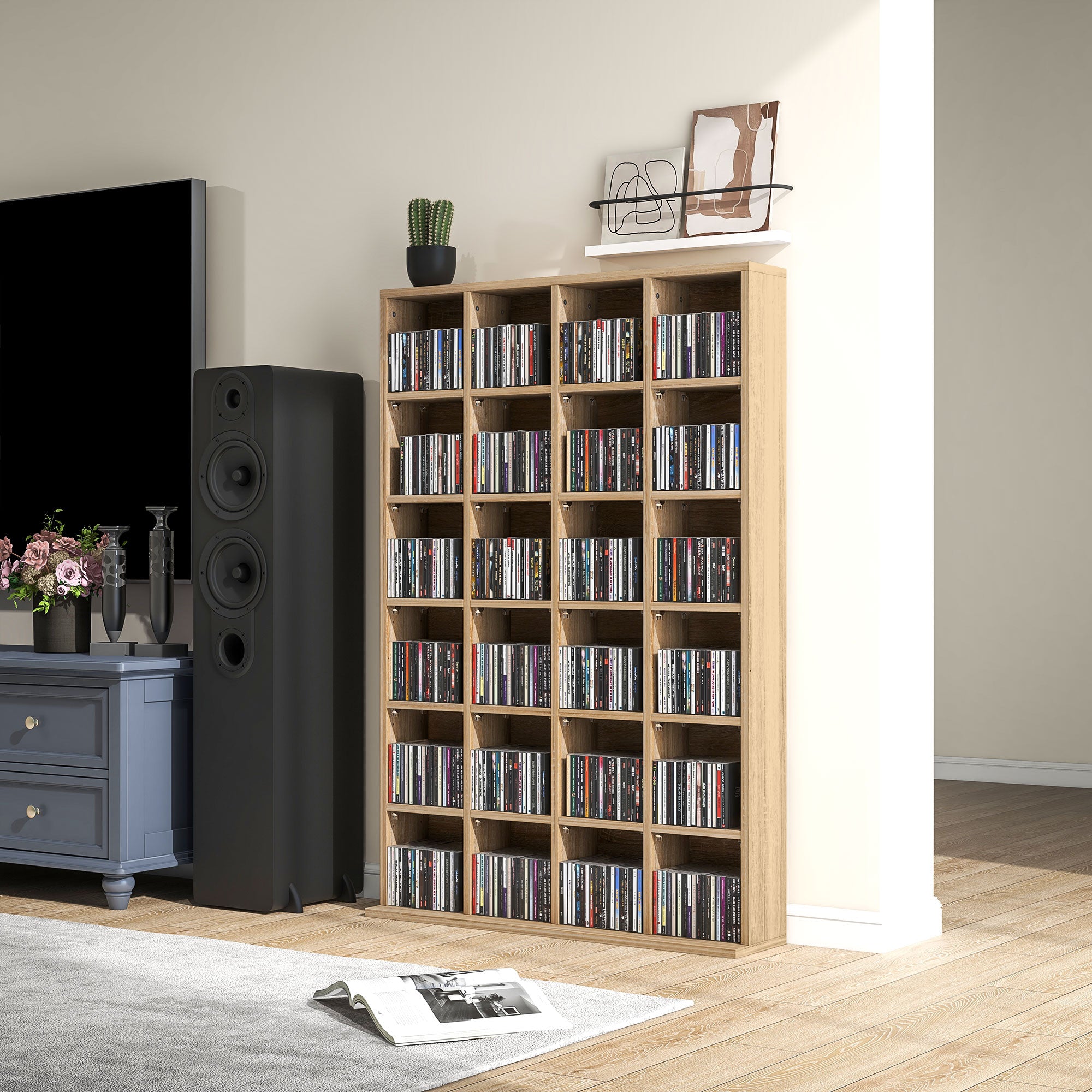 CD Cabinet with Adjustable Shelves for 456 CDs or 336 DVDs, 24 Compartments, 89x20x130.5 cm, Wood