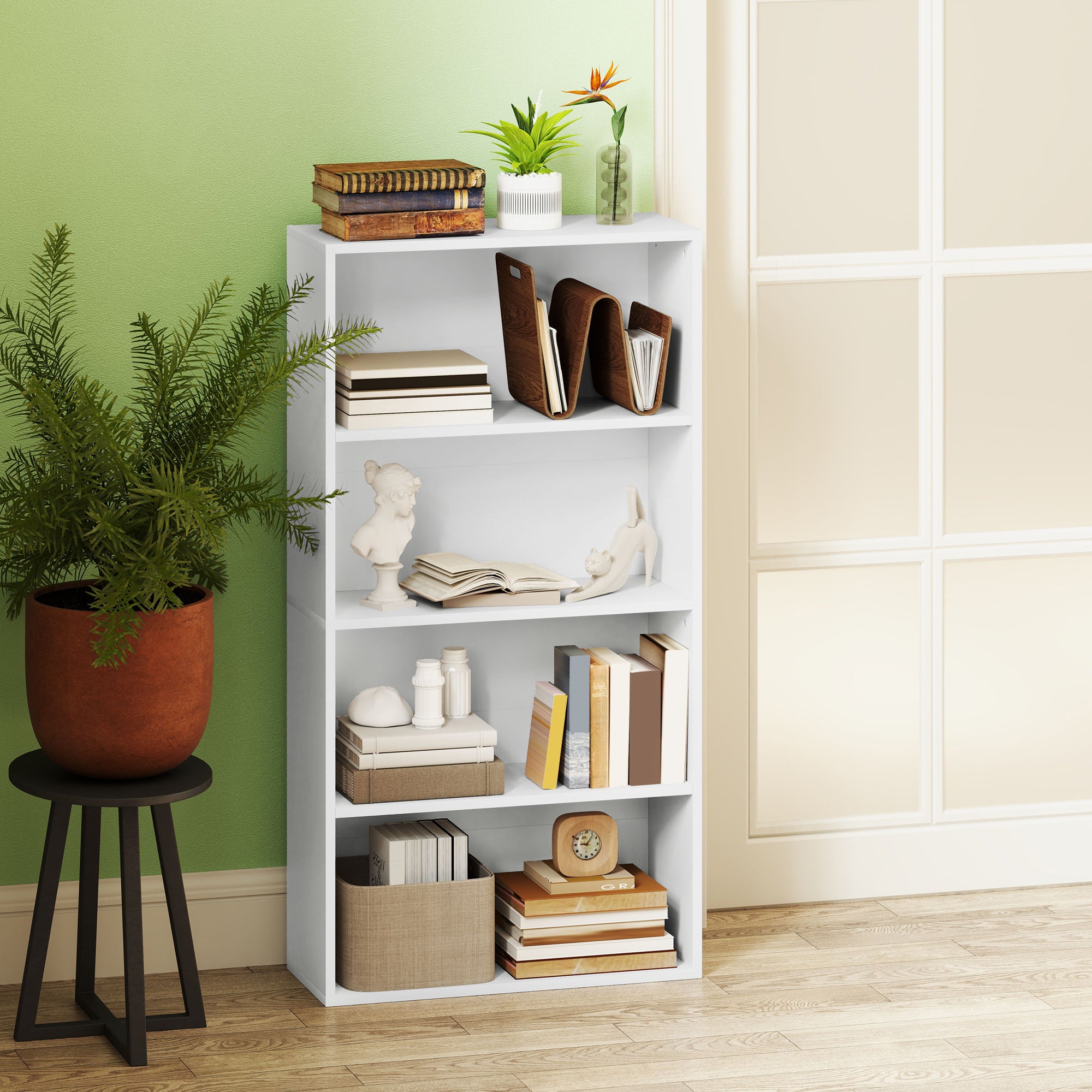 4-Shelf Bookcase Cabinet with 2 Flexible Shelves, in Wood, 60x24x115.5 cm, White